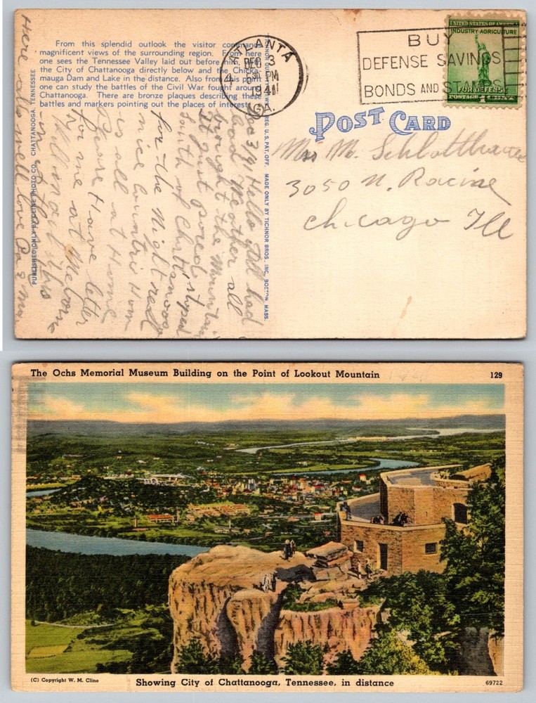 Lookout Mtn Ochs Memorial Museum Chattanooga TN Linen Postcard 1941