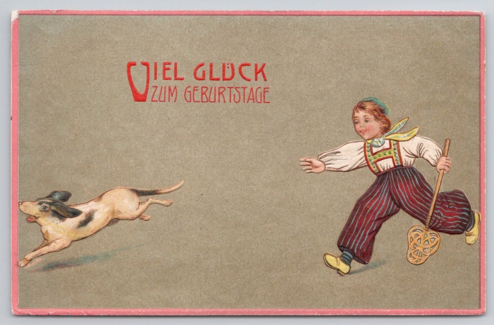 Vintage 1909 German Birthday Postcard Child Chasing Dog Embossed Art