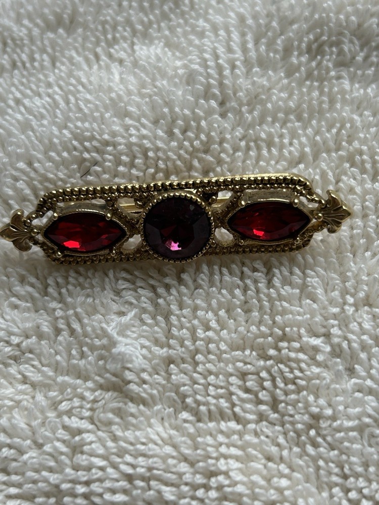 Vintage Gold Tone Bar Brooch Red Stones Ornate Design 1.5