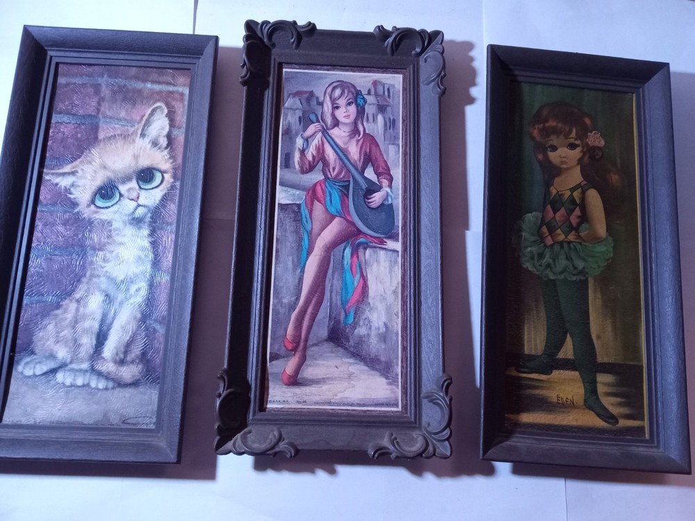 Vintage Eden Big Eye Harlequin Mopet Print Set of 3 Plastic Framed