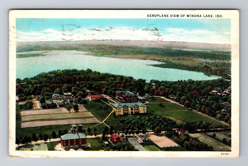 Winona Lake IN-Indiana, Aerial Of Town Area, Antique, Vintage c1935 Postcard
