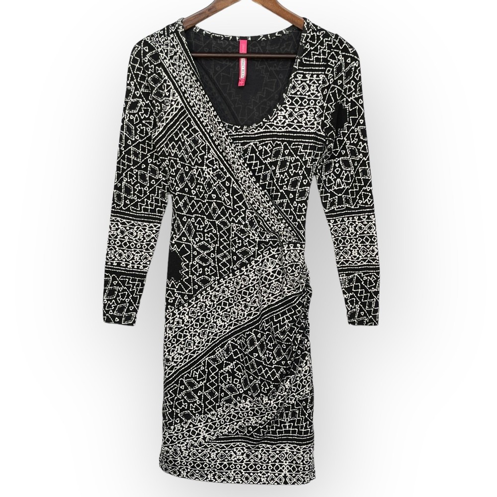 Plenty by Tracy Reese Black Geometric Wrap Ruched Long Sleeve Dress Size S Lined