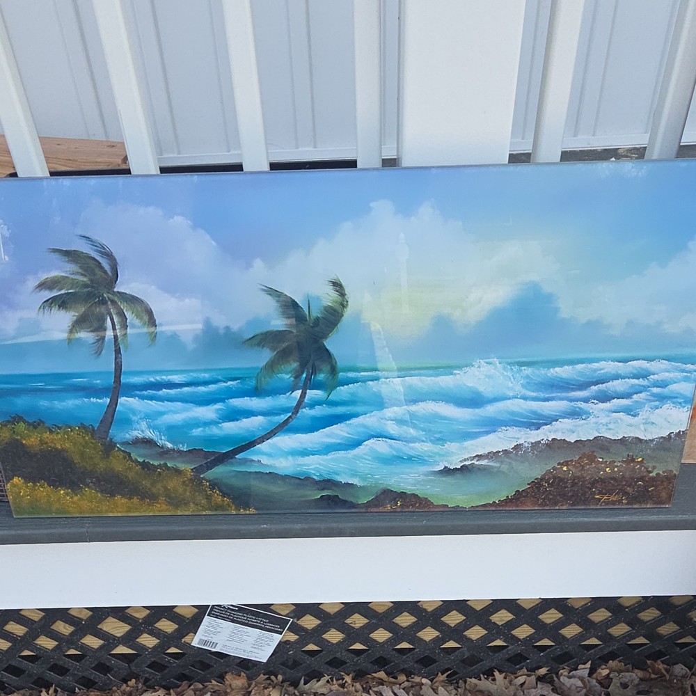 Large Realism Acrylic Painting Palm Trees Ocean Beach Canvas Seascape Art