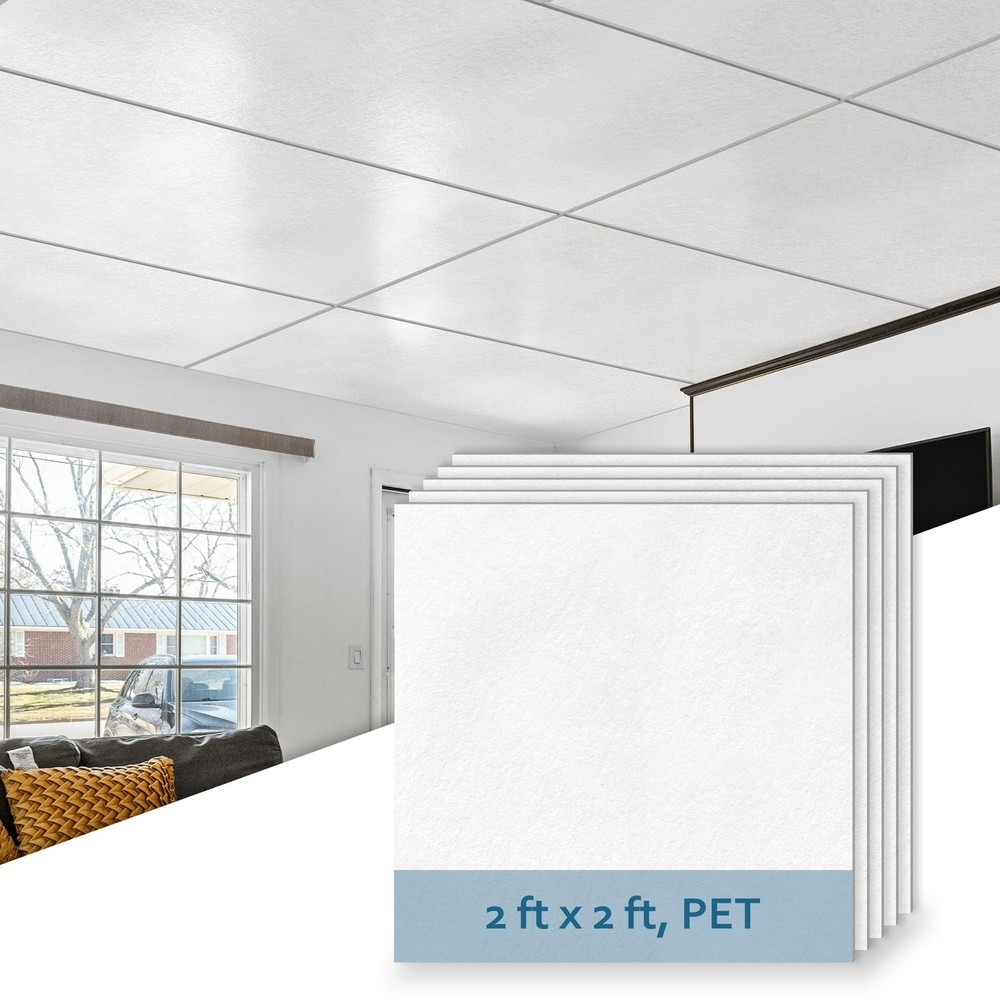 10-Pack 24x24 Inch White PET Drop Ceiling Tiles, Decorative 2ft Acoustic Panels