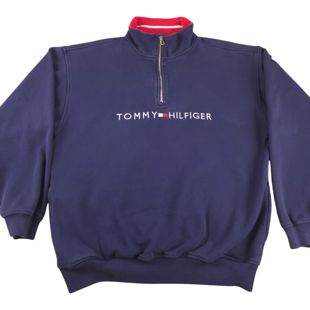 Vintage 90s Tommy Hilfiger Mens Large Blue Sweatshirt 1/4 Zip Pullover Spellout
