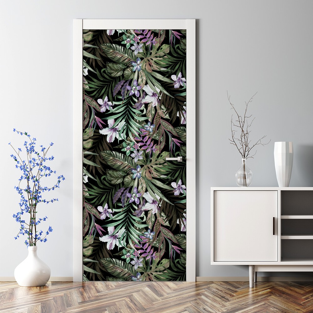 Adhesive Door sticker Floral Columns Exotic Flowers and leaves Pattern Tropical
