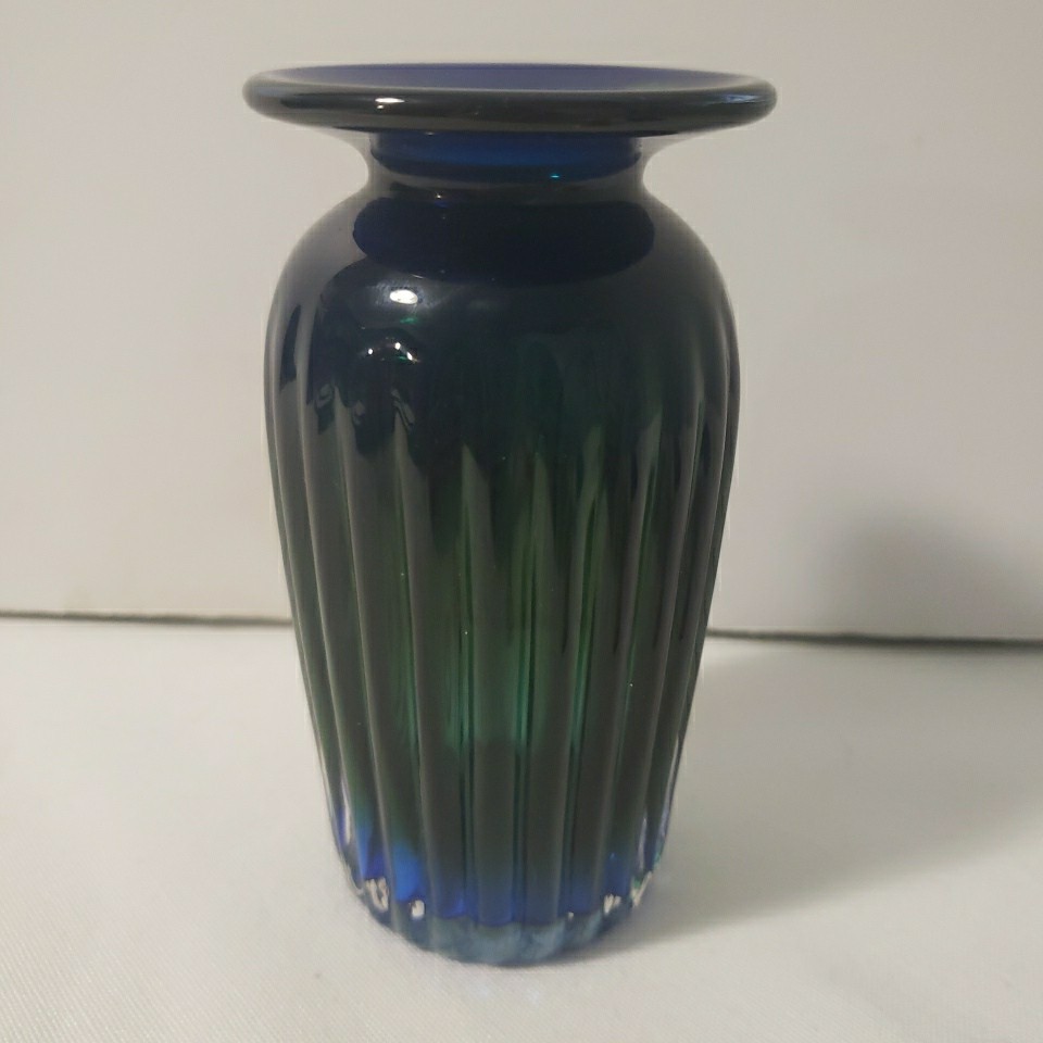 James Engebretson Hand Blown Vintage Vase Signed Blue Green Ribbed Art Glass 5