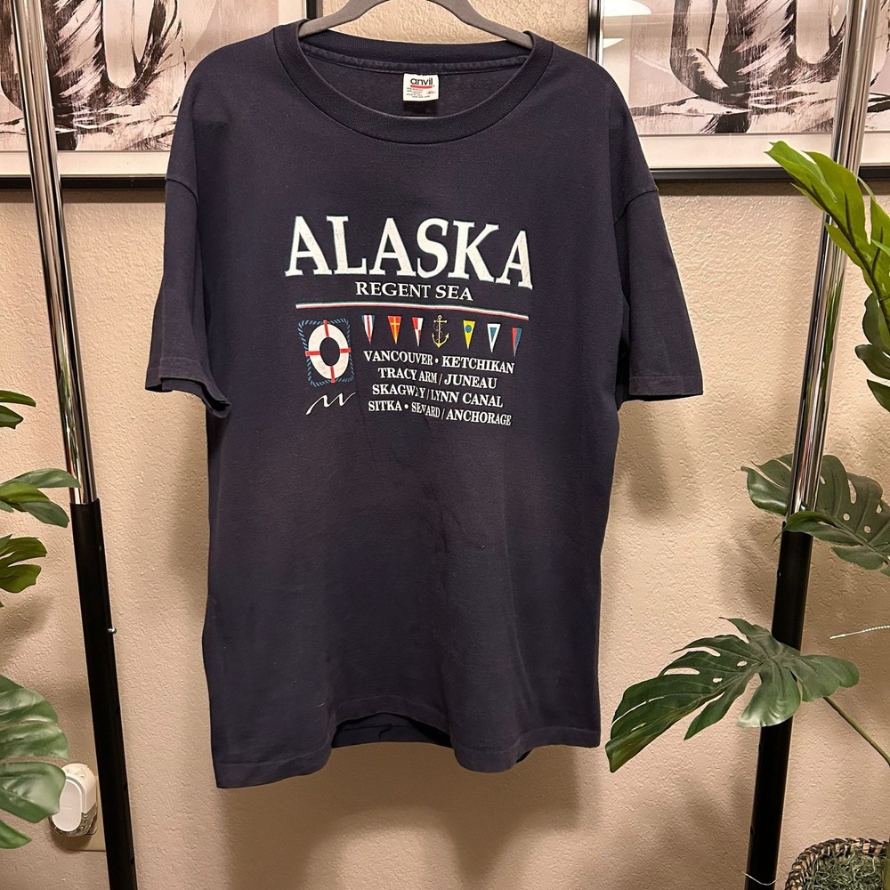 Vintage Anvil Alaska Regent Sea Graphic T-Shirt Navy Blue Size XL D2