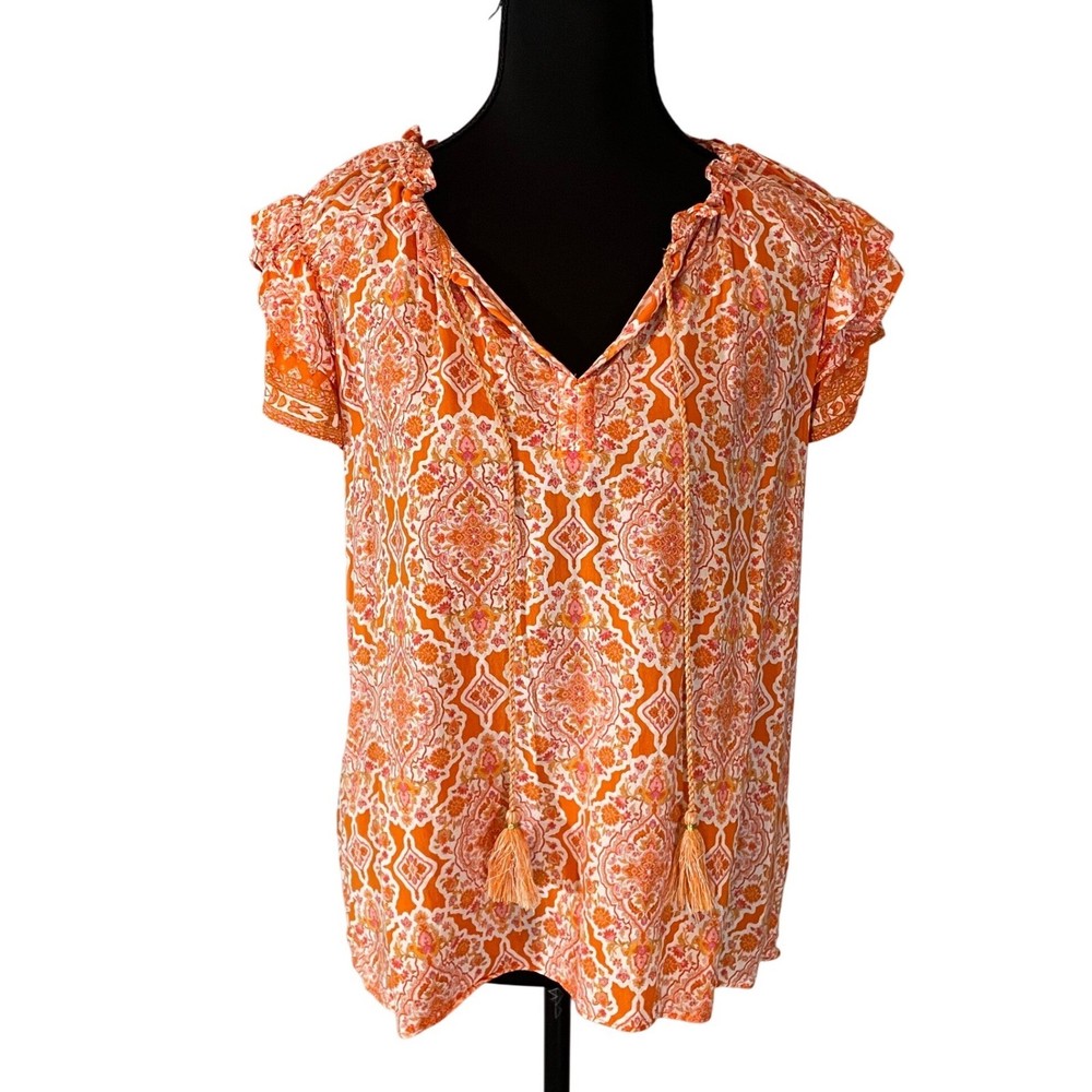 Rose + Olive Orange Paisley Print Tie Neck Ruffle Sleeve Blouse Top Womens Sz L
