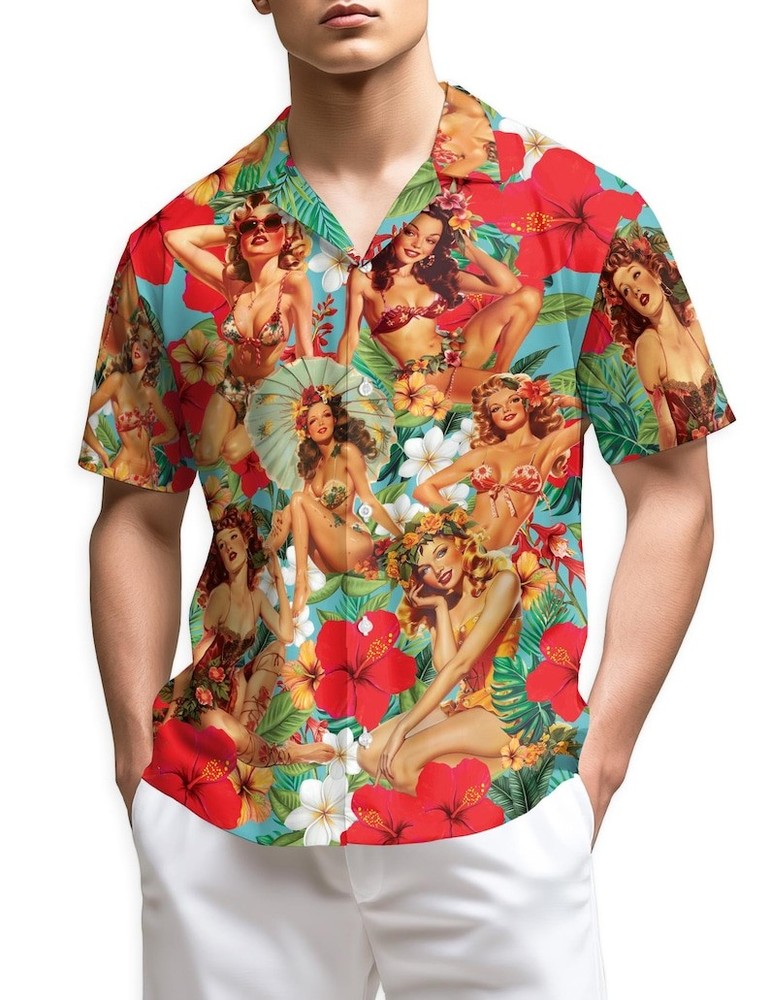 Vintage Pin Up Hawaii Shirt Men Aloha Beach Summer Vacation Gift