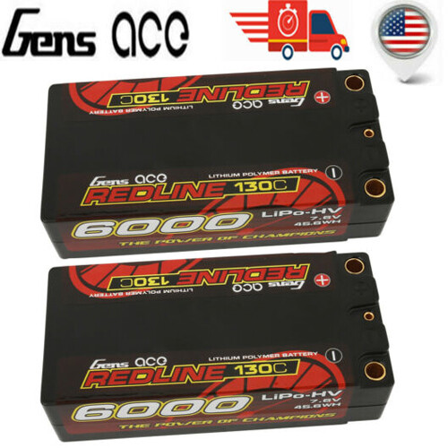2X Gens Ace Redline 6000mAh 7.6V 130C 2S HV Shorty Lipo Battery For Racing Car-image