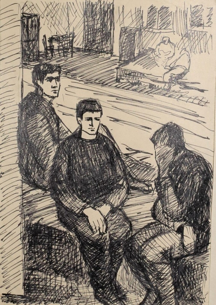 Vintage ink drawing interior scene men figures