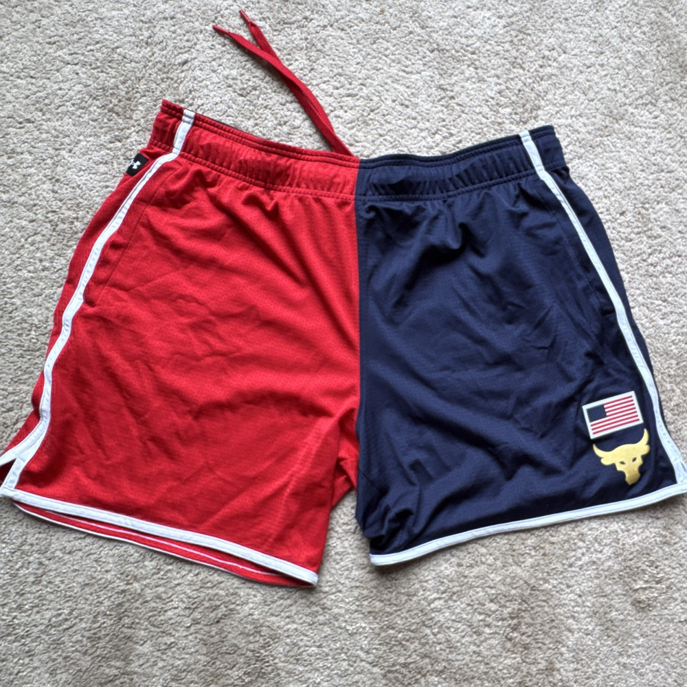 Under Armour Project Rock Men's 2XL Mesh Athletic Shorts Red/Blue USA Drawstring