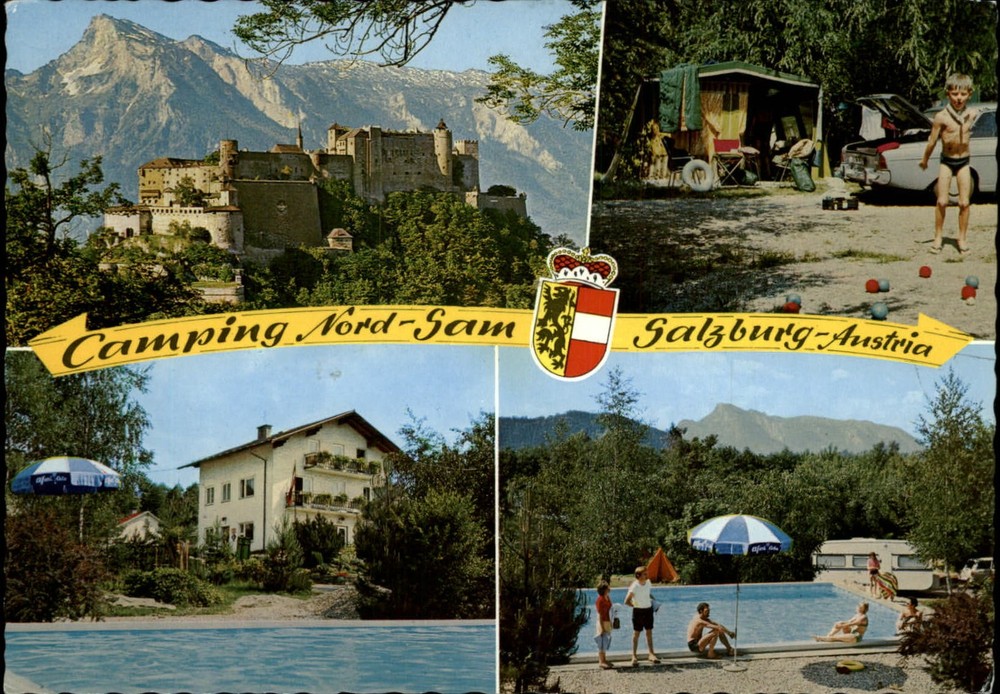 Austria Salzburg Camping Nord Sam tents swimming pool castle multiview  postcard