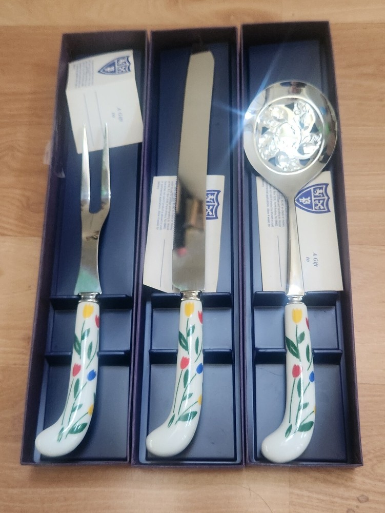 House of Prill Serving Set Ceramic Handle NEW Knife Slotted Spoon Fork. Tulip