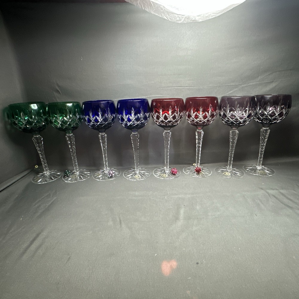 8 Ajka Crystal Cobalt Blue, Red,Green,Purple Cut-to-Clear Hock Wine Glass