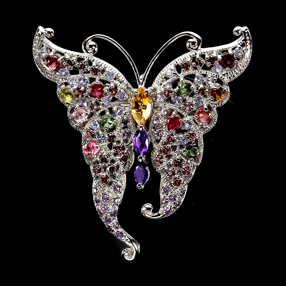 925 Sterling Silver Marquise Brooch with Citrine Amethyst Tanzanite Gemstones