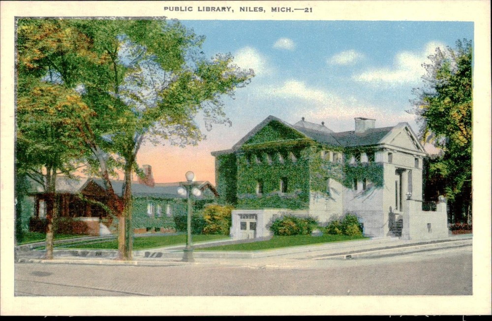 Public Library Niles Mich Postcard E C Kropp Natural Color Unposted Vintage