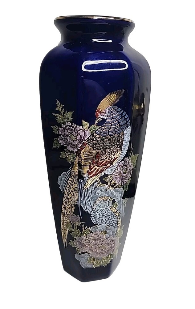Cobalt Blue Kutani Pheasant Pink Peonies Gilded Vase Gold Trim 11