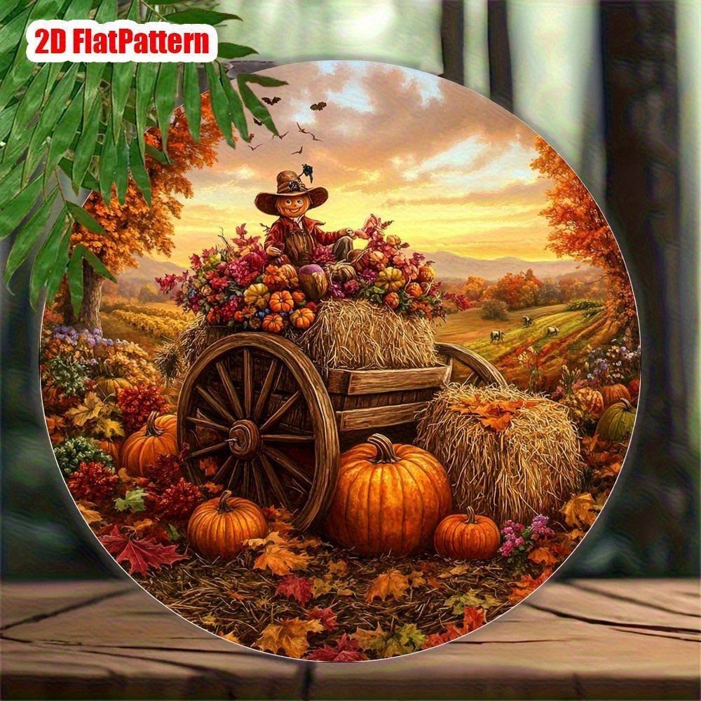 Vintage Autumn Harvest Scarecrow Pumpkin Round Wall Decor