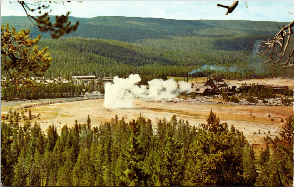Old Faithful Geyser and Inn Yellowstone Park Wyoming Vintage Postcard