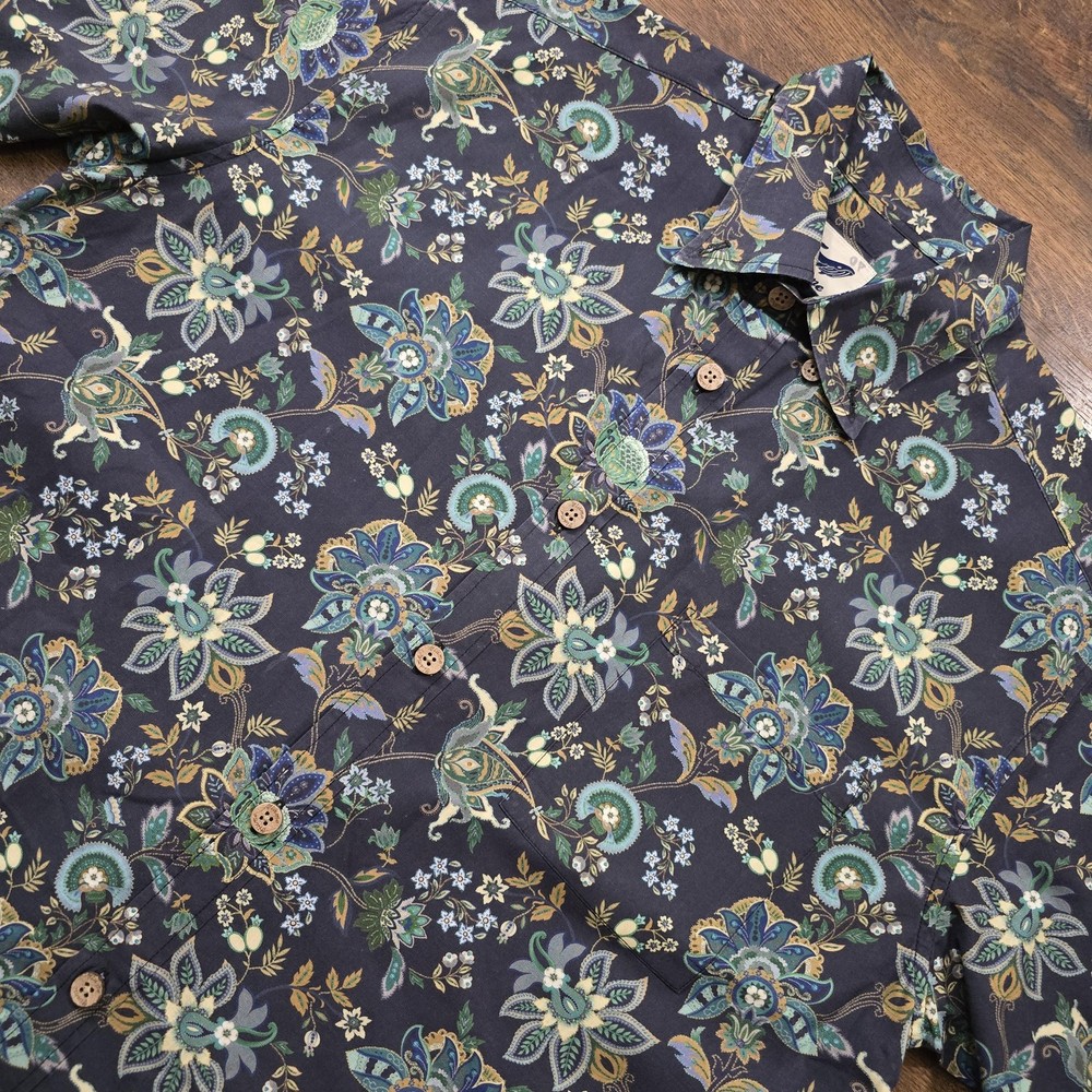 Yiume Shirt Mens M Navy Multicolor Floral Button Up Short Sleeve Cotton Casual