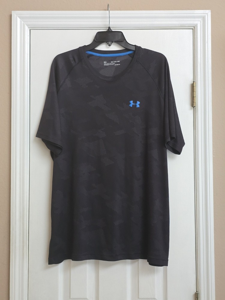 Men's Under Armour Heatgear T-Shirt Black Camo Blue Logo - Size 2XL