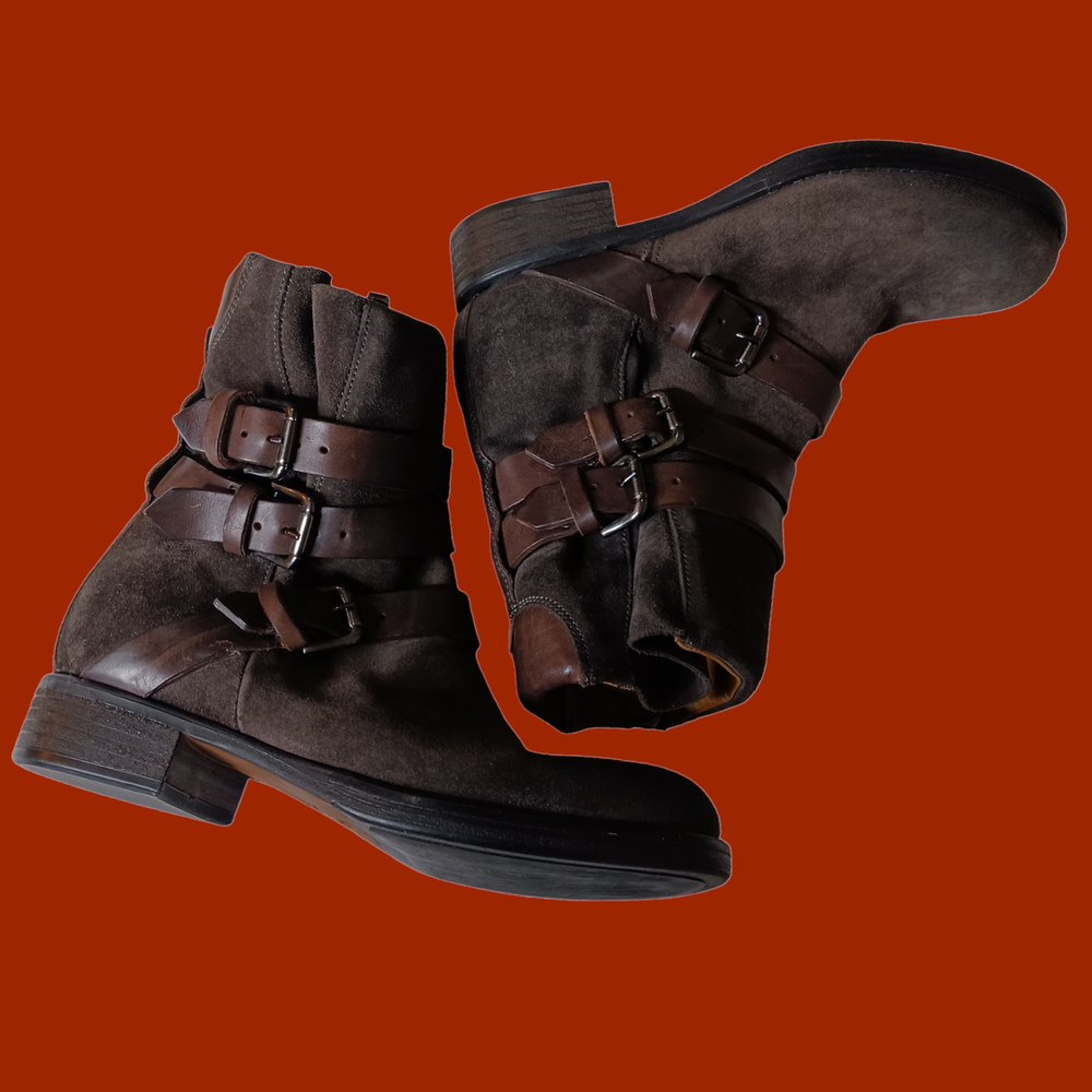 ALBERTO FERMANI Moto Biker Boots Suede Leather Size 36 Buckle Straps Brown