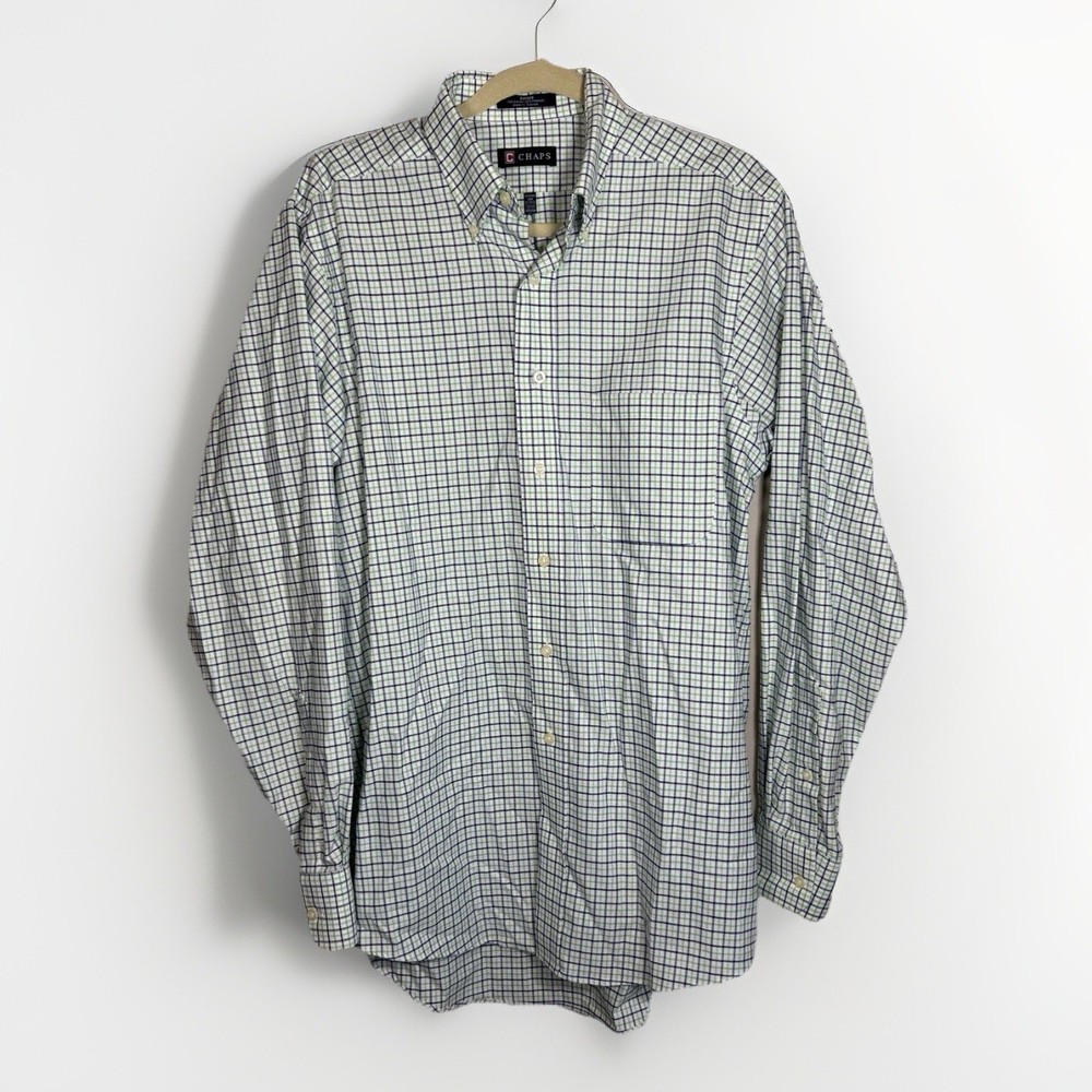 CHAPS Men's Oxford Check Shirt Green Blue White Wrinkle Free Long Sleeve Medium