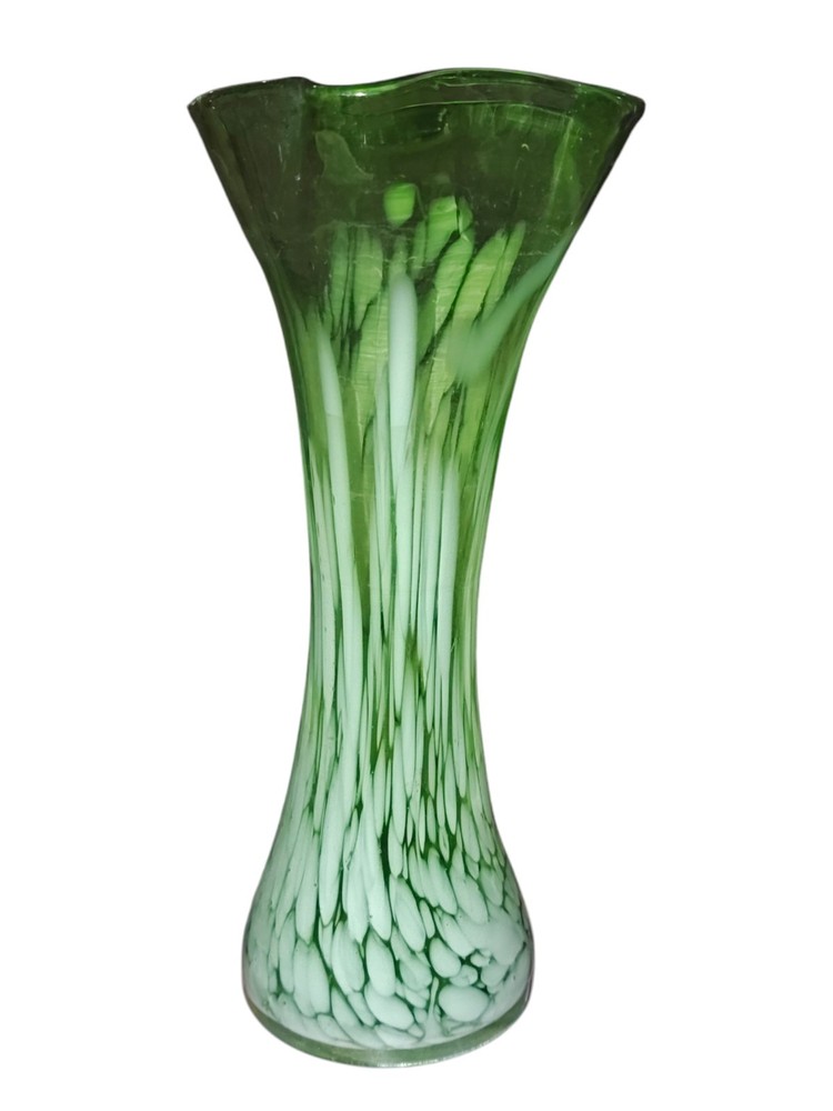Vintage Hand Blown Green & White Splatter Art Glass Vase  Excellent