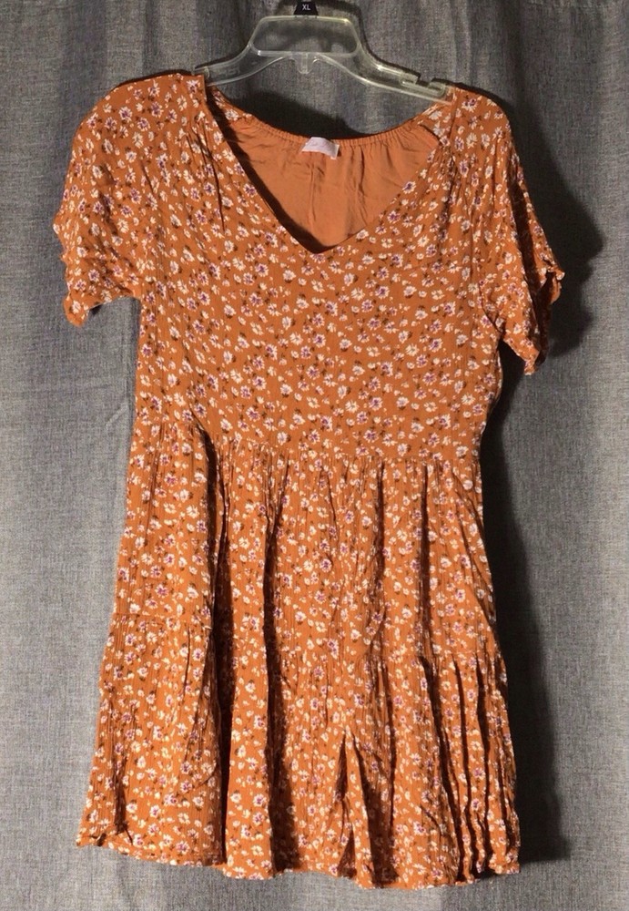 Pink Lily Women Orange Floral Tiered Mini Dress Small Short Sleeve Boho Babydoll