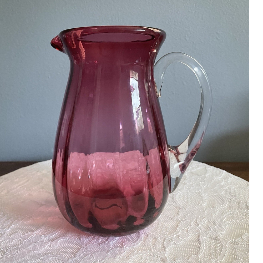 Pilgrim Cranberry Glass Hand Blown Pitcher with Clear Handle, 7