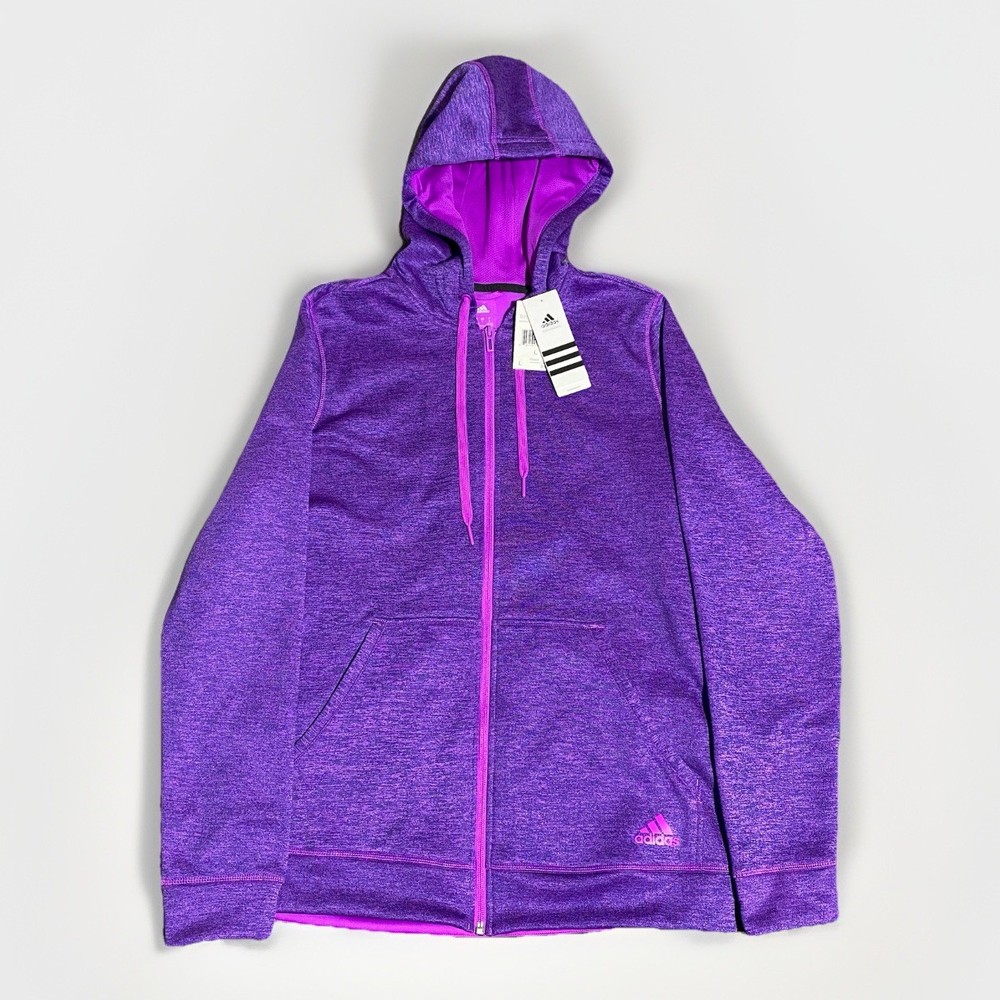 Adidas Full Zip Jacket Womens Large Purple ClimaWarm Fleece Thumb Holes Gym Fit