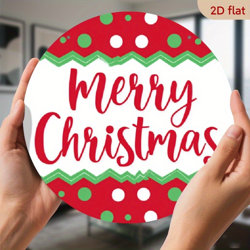 Retro Round Aluminum Wreath Sign Red Green Merry Christmas