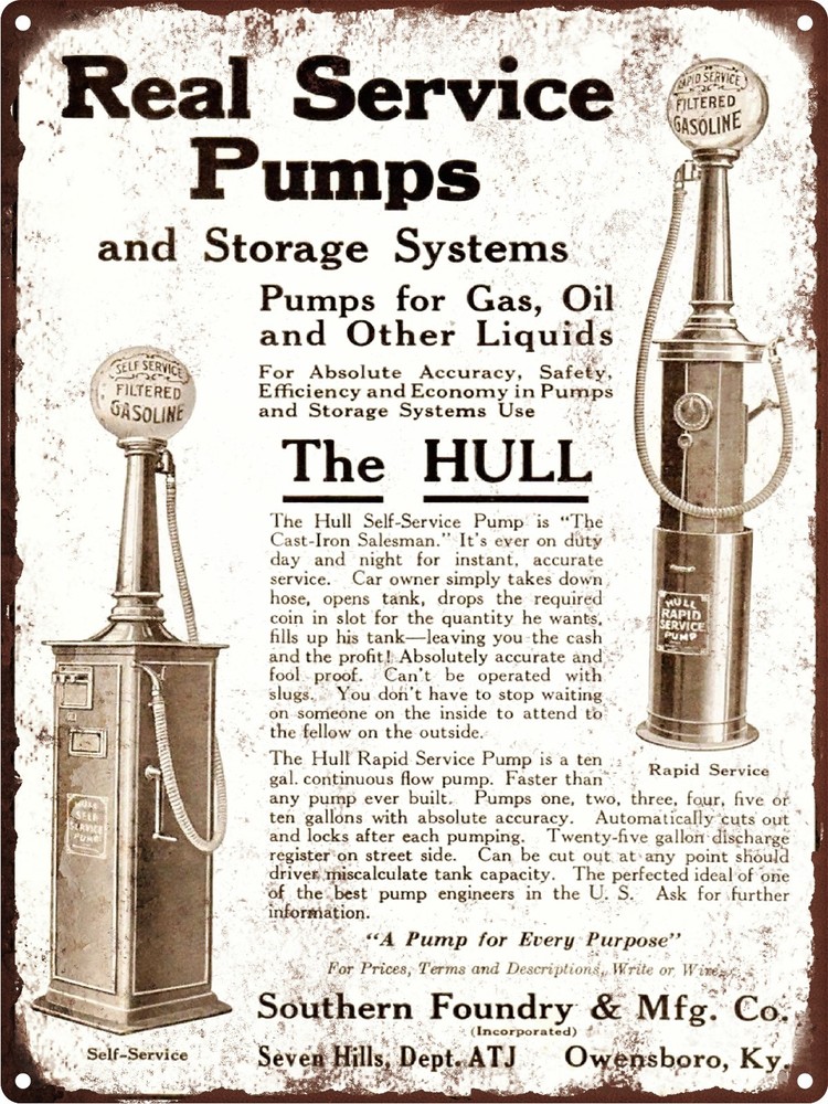 1920 Hull Gasoline Gas Pump Service Station Metal Sign Repro 9x12