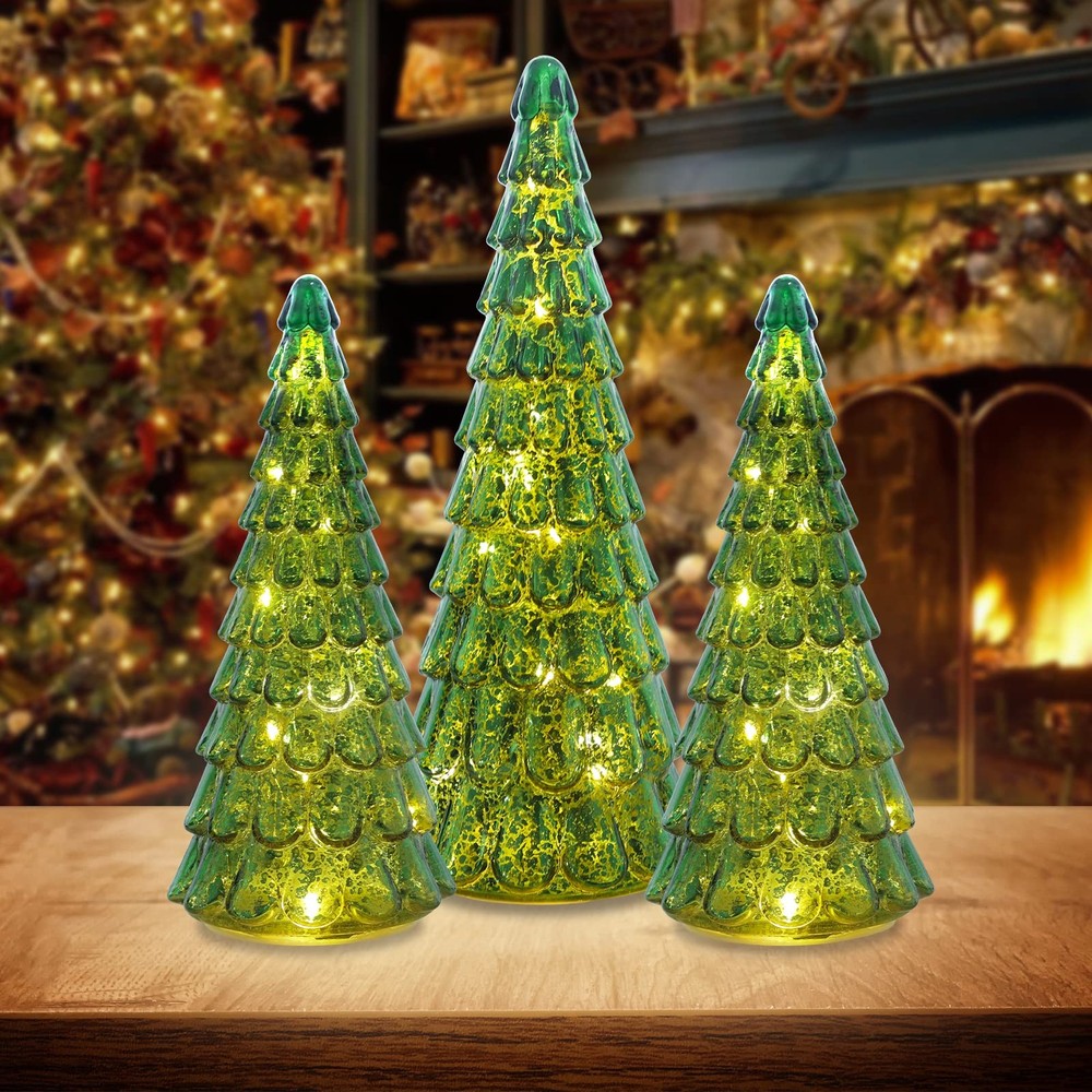 Sparkling LED Glass Christmas Tree Set - 3-Piece Indoor Holiday Decor