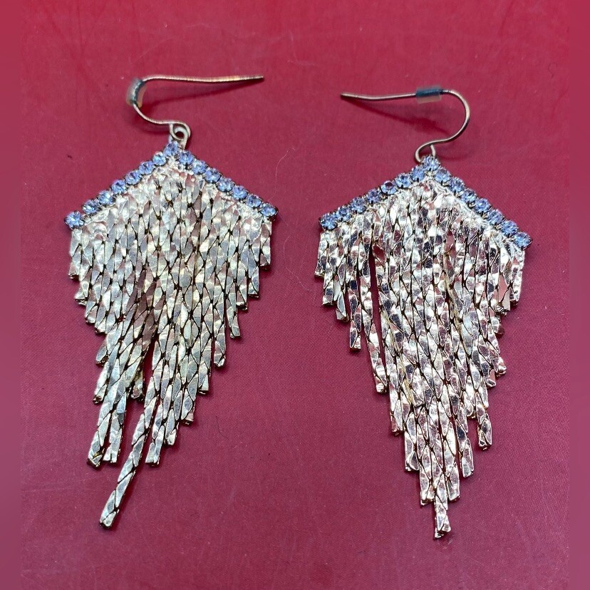 Vintage Women’s Earrings Gold Tone Rhinestones Dangle Flapper 2” Pierced