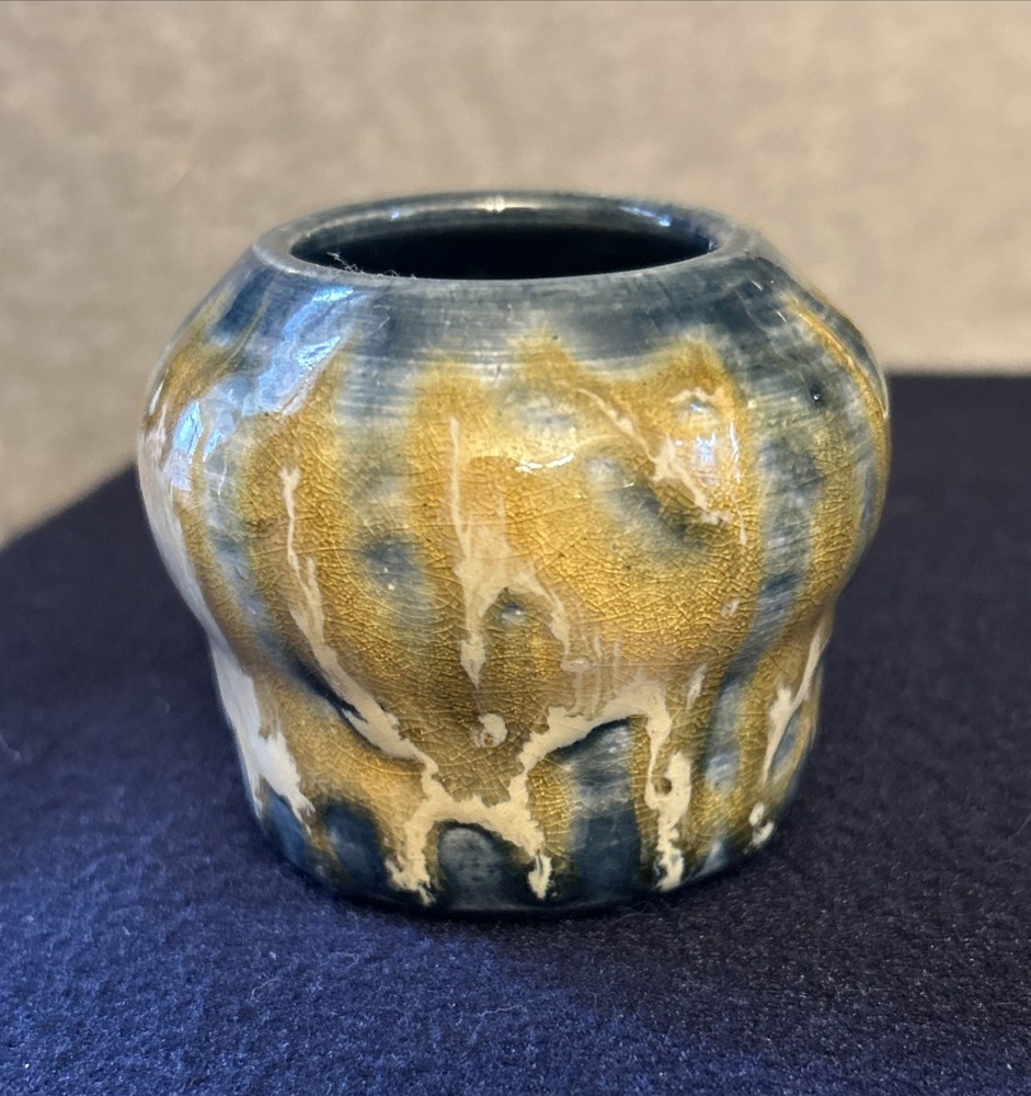 Art Pottery Drip Glaze Small Vase Artist Signed MM Multicolor Blue Yellow Cream