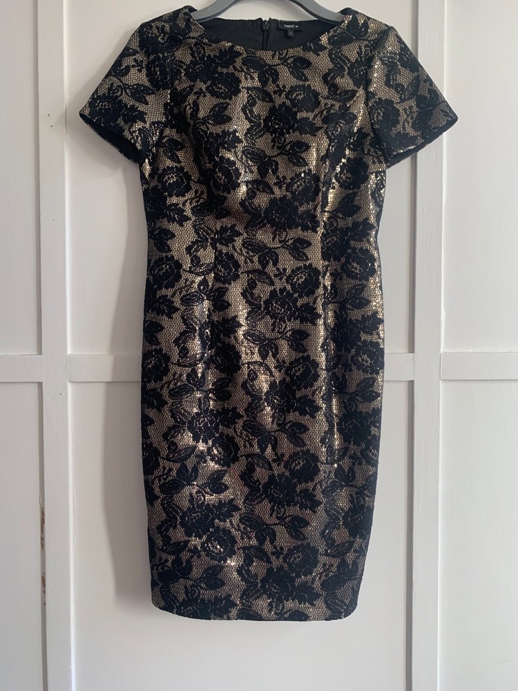 NEXT DRESS 12 GOLD SEQUIN Black LACE midi party occasion short sleeve