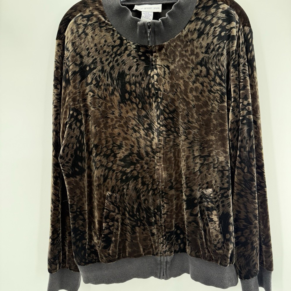 Susan Graver Women Animal Print Velvet Jacket  Size XL Brown Zip Up BOMBER