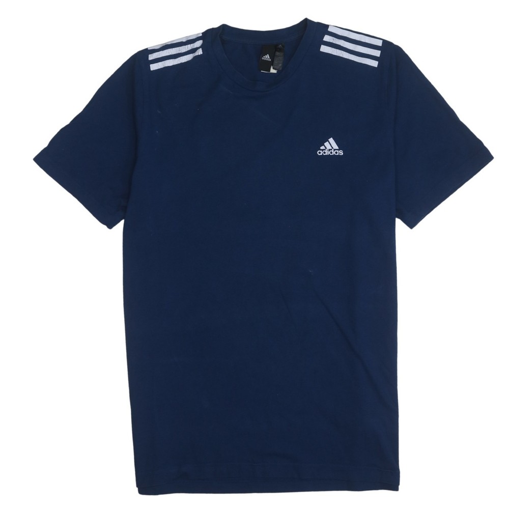 Adidas Mens T Shirt Navy Blue Cotton Three Stripe Crew Neck Sports Training L