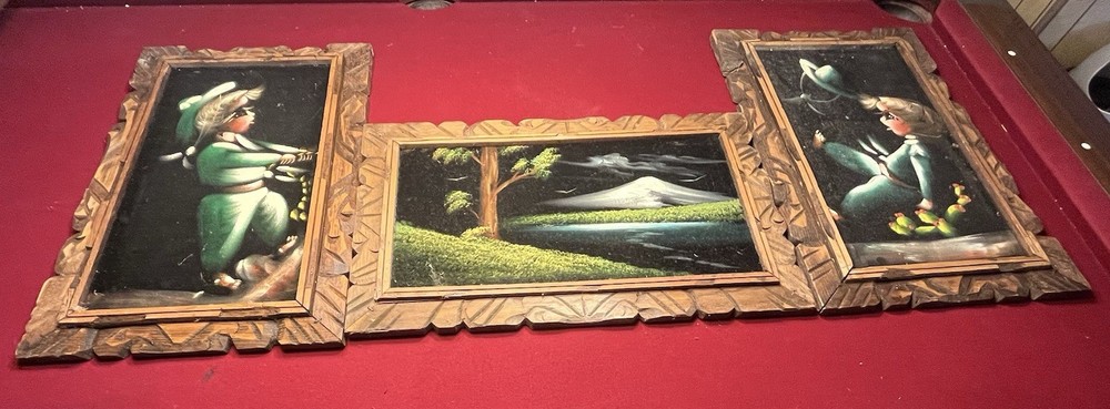 VTG Mexican Folk Art Triptych Framed Paintings Landscape Children Set of 3