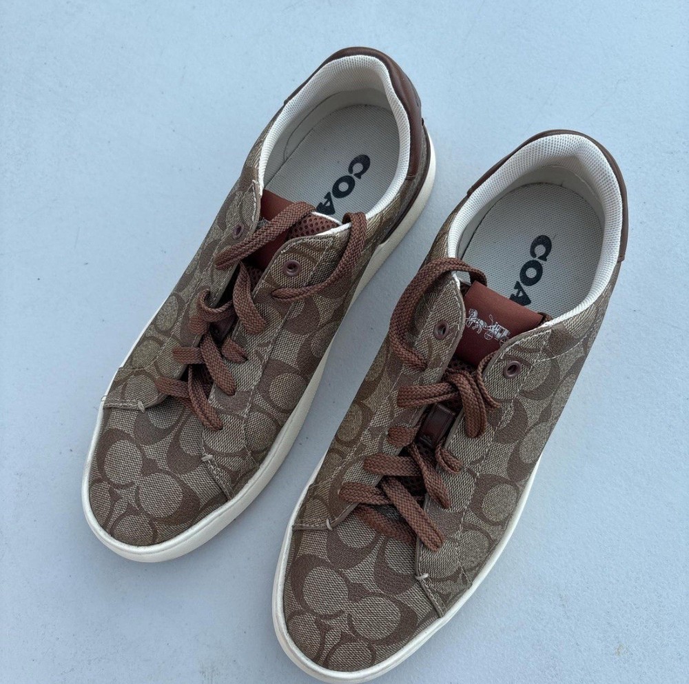 Coach Clip Low Top Sneakers Mens 9.5 Brown Signature Monogram G4949 Tan Leather