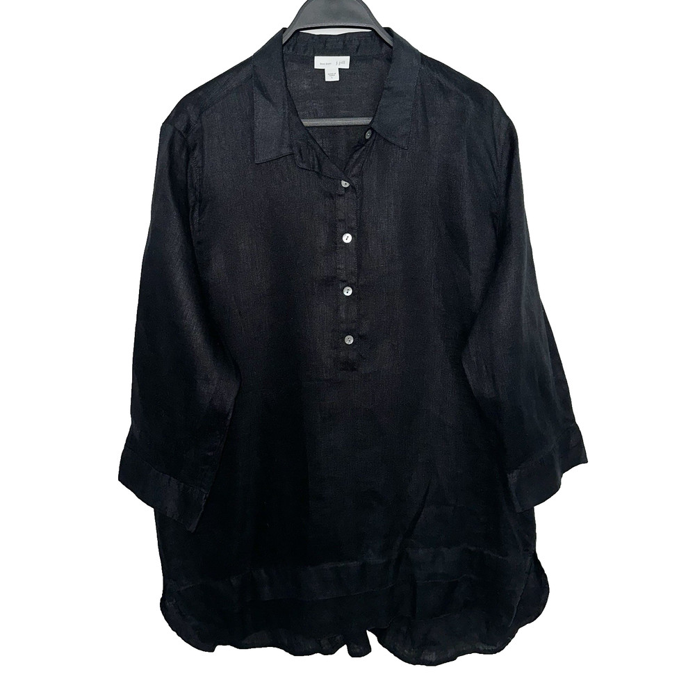 J JILL LOVE LINEN Size Large Popover Tunic Top 3/4 Sleeve Black Lagenlook Boho