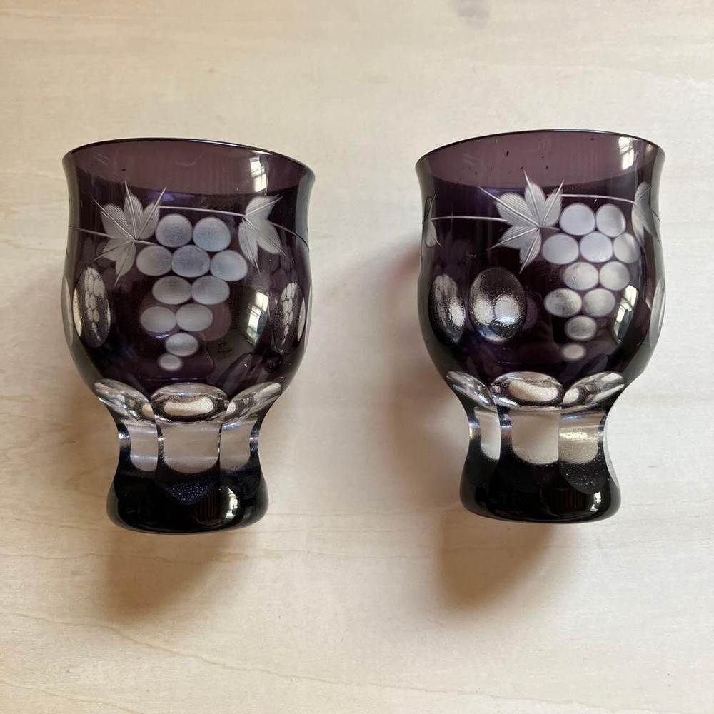 Saiho Edo Kiriko Sake Cup Pair Grape Pattern Blue Crystal Glass Set of 2 Japan