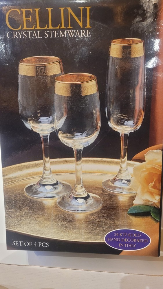 Cellini wine 24k Gold Rimmed Crystal Etched Stemware Glasses Set Of 4 Italy