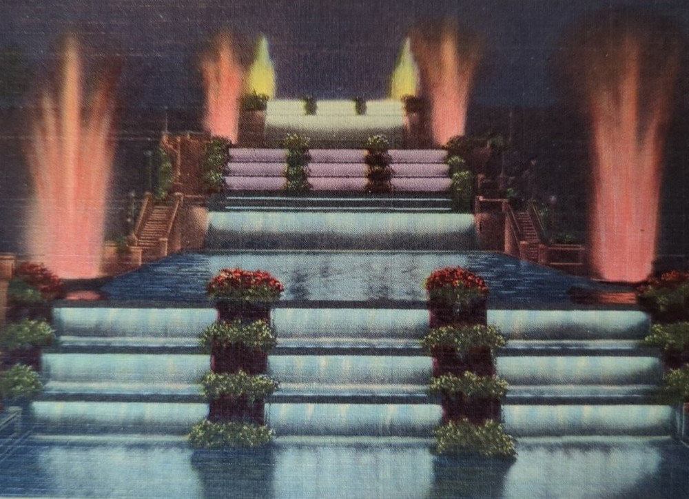 Night Scene Cascades Sparks Fountain Jackson MI Michigan Vintage Linen Postcard