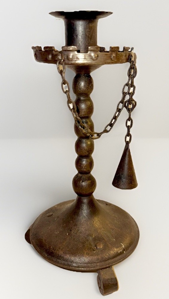 Antique Gothic Candlestick Candle Holder w/ Snuffer Turret Drip Rim Wrought Iron
