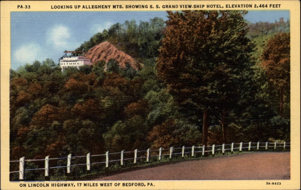 Allegheny Mountains Bedford Pennsylvania house on hill ~ 1940s linen postcard
