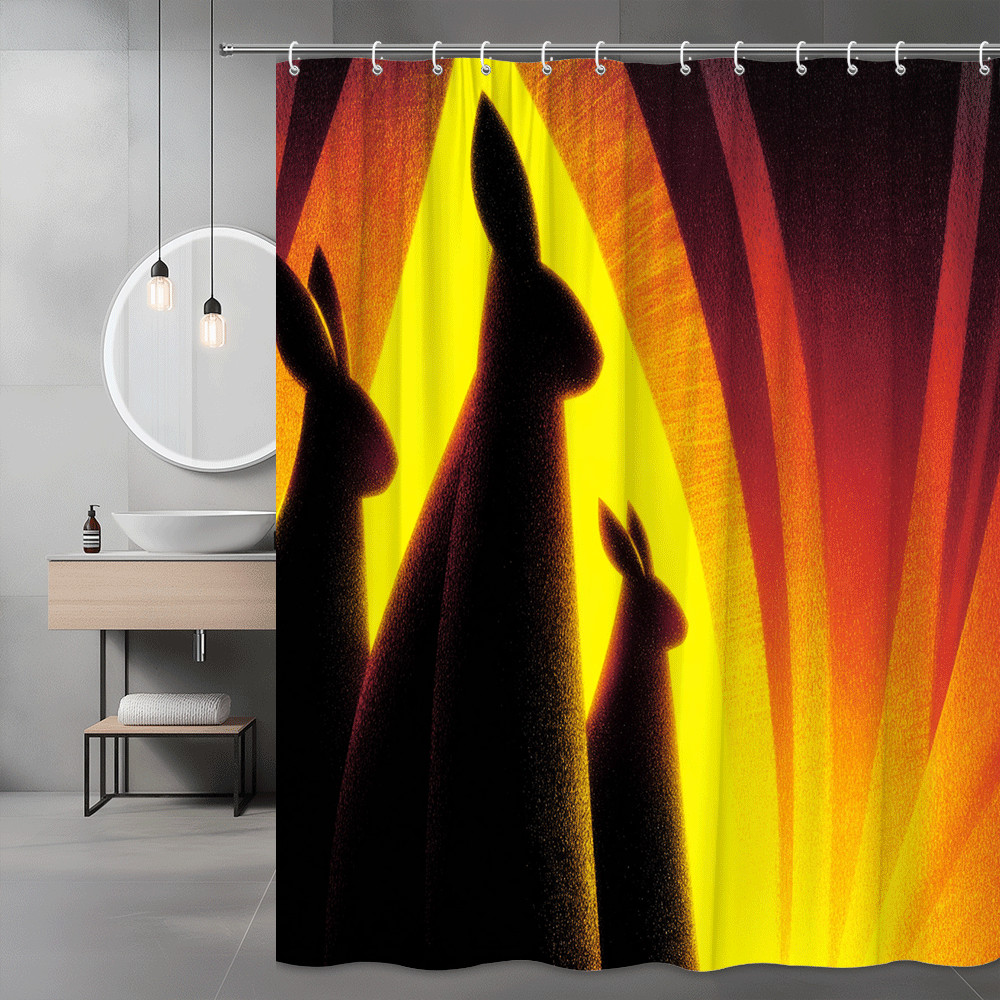 Rabbit Silhouette Sunset Shower Curtain, Orange Yellow Abstract Print